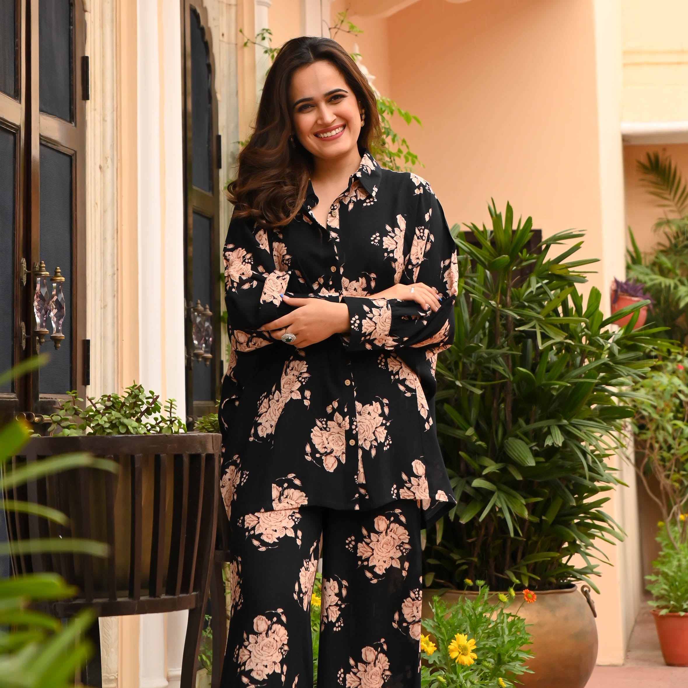 Meadow Magic Floral Black Pant Shirt For Women Online